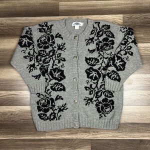 VTG Smythe & Company Button Up Floral 100% Wool Gray Cardigan Sweater Sz Medium